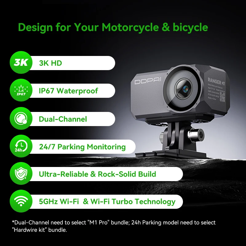 DDPAI Dash Cam RANGER M1 מצלמת דאש לאופנועים IP67 תמיכה עמידה למים מצלמה קדמית אחורית עם WiFi Night Vision Black Box
