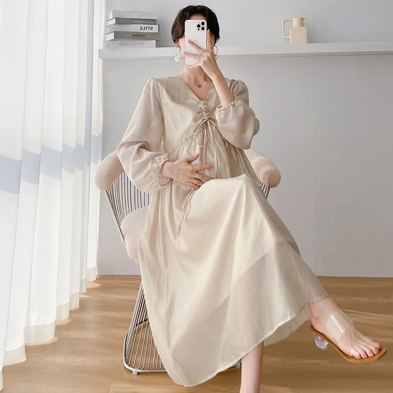 브이넥 임산부 원피스 여성 스커트, 프렌치 스타일, 우아한 슬림, 감각적인 부드러운 스타일, 용수철 가을, 여름 신상