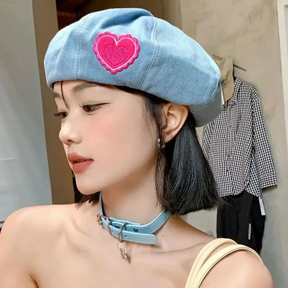 Pink Love Denim Beret Hats Women Spring Summer Shows Face Versatile Retro Painter Cap Japanese Berets Newsboy Caps Casual
