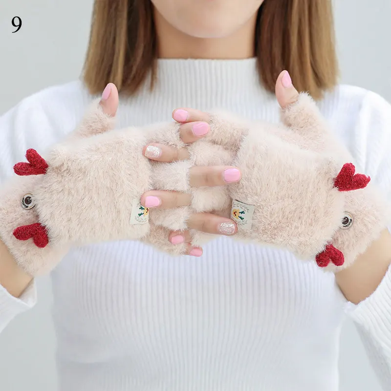 

Women Winter Gloves Cartoon Cat Claw Mittens Flip Half Finger Gloves Antlers Rabbit Ears Soft Warm Plus Velvet Mittens For Girls