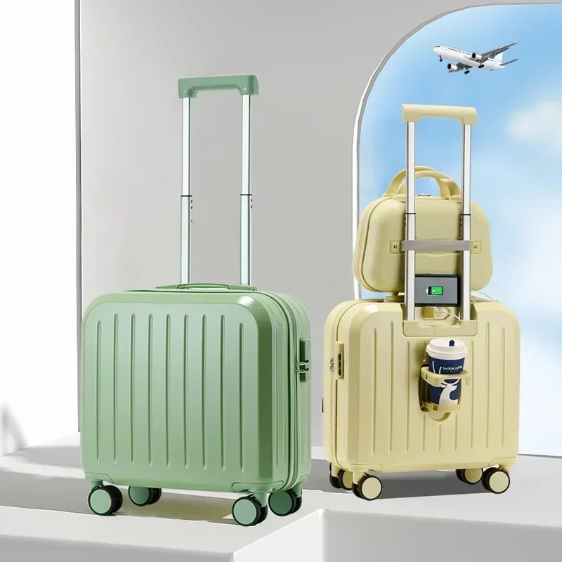 20 inch Boarding Luggage Travel Suitcase Spinner Carry-on USB Charging Password Trolley Rolling Luggage Bag with Cup Holder new 18inch trolley luggage set 2pcs set carry ons suitcase on wheels rounded fashion kids travel cabin rolling luggage set bag