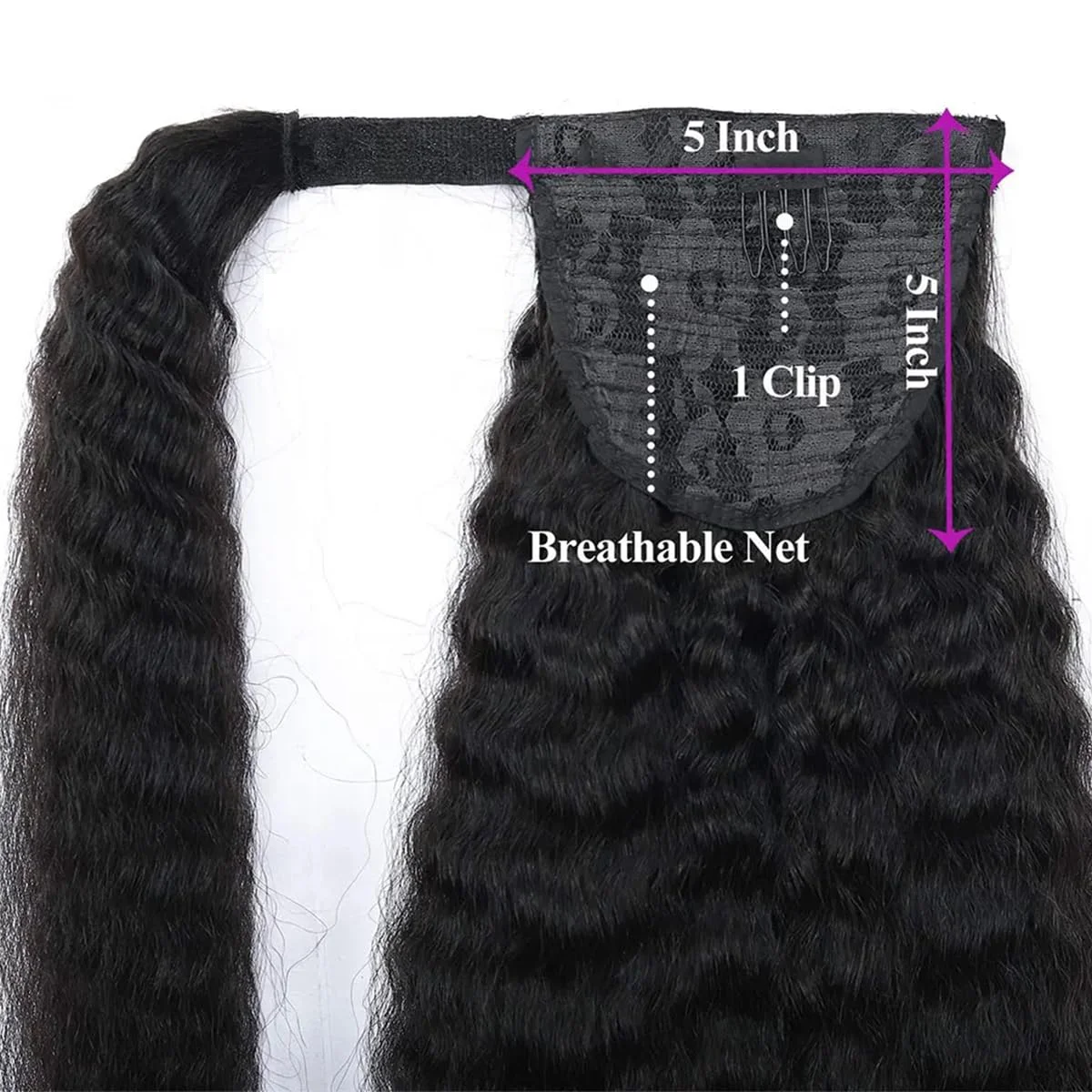 26인치 곱슬머리 생인모 포니테일 연장, 내추럴 블랙 브라질리언 리얼 인모 포니테일 헤어피스