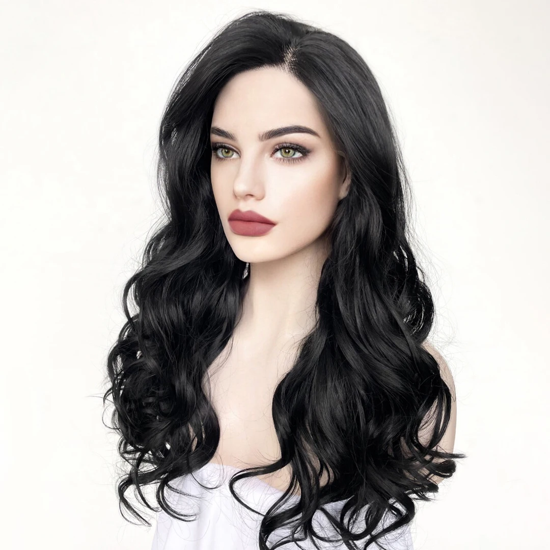 Jet Black Body Wave Synthetic hair Lace Front Wigs for Black Women Daily Wear Cosplay Glueless Transparent 180Density Lace Wigs