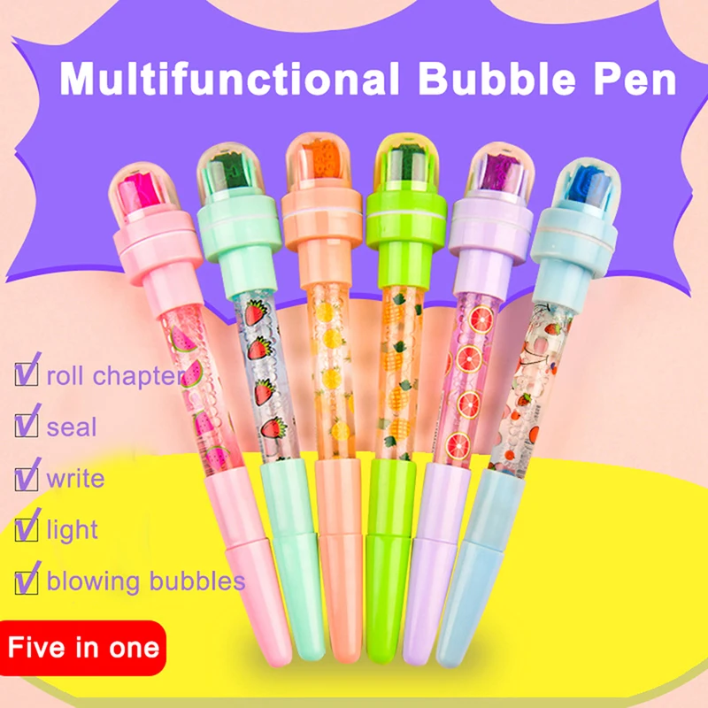 

5 In 1Multi-function Ballpoint Pen Bubbler Pen With Stamp Toy Pens Gift For Boys Girls Cute Seal Roller Stamp Pen Funny School