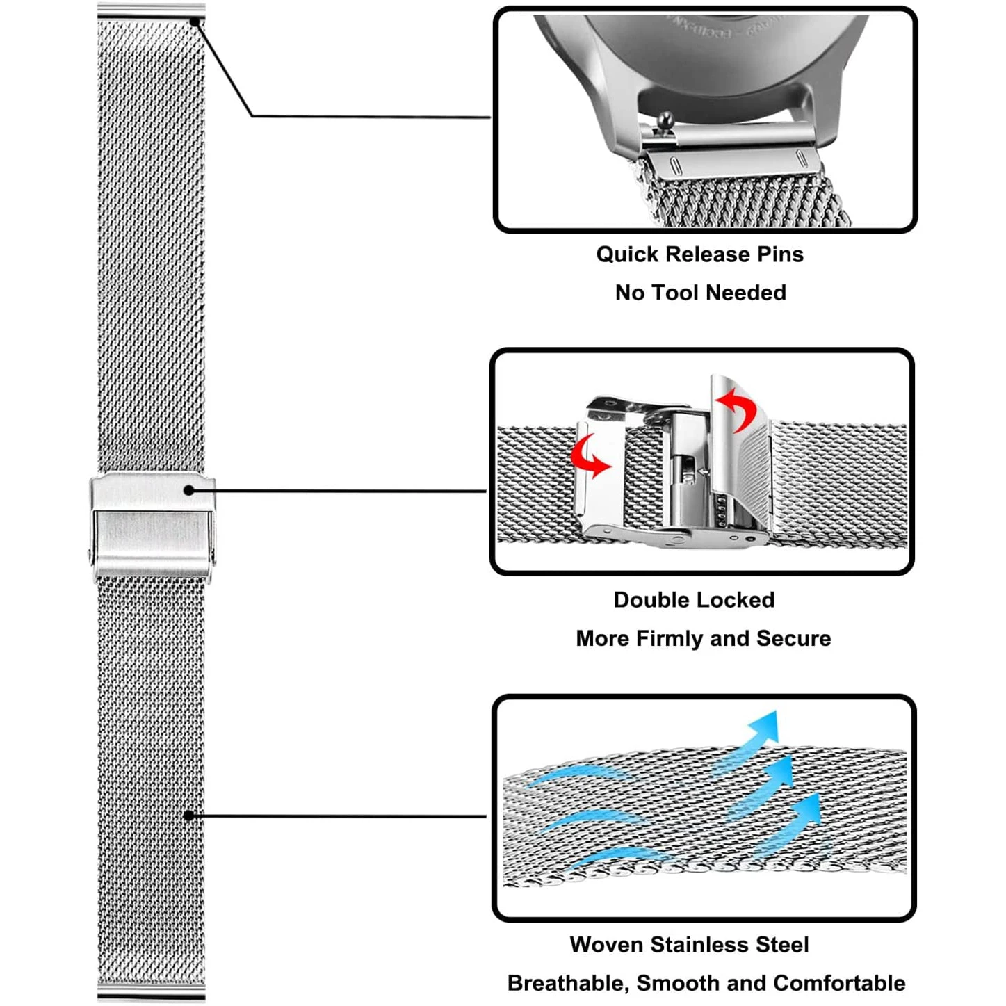 Stainless Steel Milanese Mesh Quick Release Watch Band - Silver