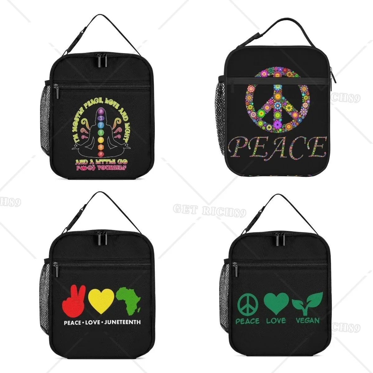 

Peace Love and Yoga Insulated Lunch Bag for Women Men Reusable Portable Lunch Box with Pocket Tote Bag for Work Travel