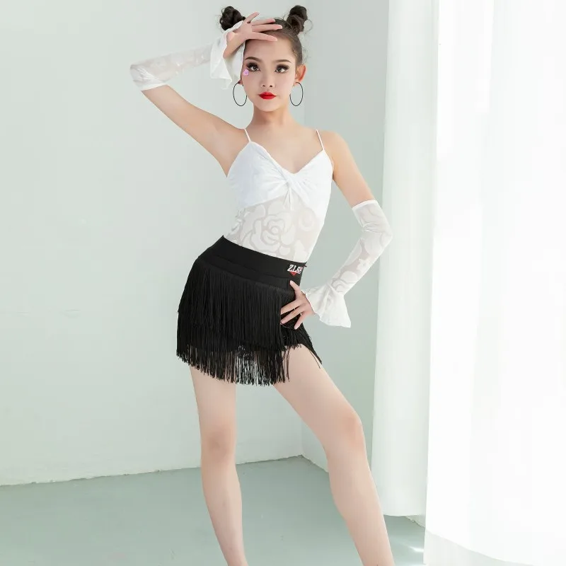 

Children's Latin dance practice costume Girl practice performance costume performance costume Suspender top fringe dance skirt