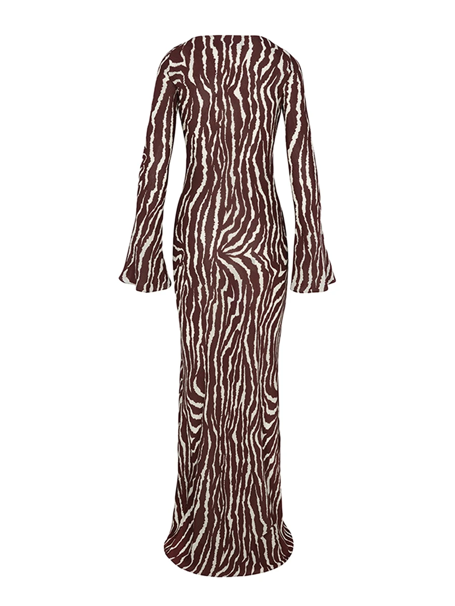 

Women Y2k Boho Long Sleeve Maxi Dress Floral Zebra Print Flared Cuff Ruffle Long Dress Casual Crewneck A Line Dress Streetwear