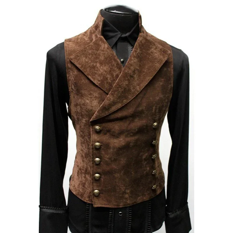 Men's Gothic Steampunk Velvet Vest Black Brown Double Breasted Stand Collar Victorian Waistcoat Stage Prom Fashion Male Clothing