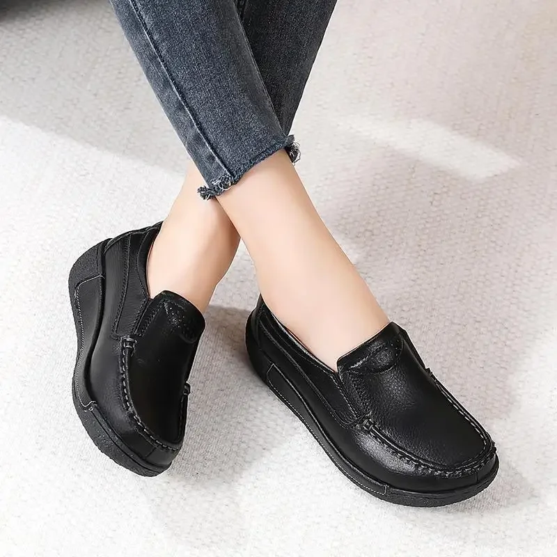 

Authentic Leather Loafers Women's 2024 New Mid Heel Maternity Shoes Classic Style Moccasins All-Matching