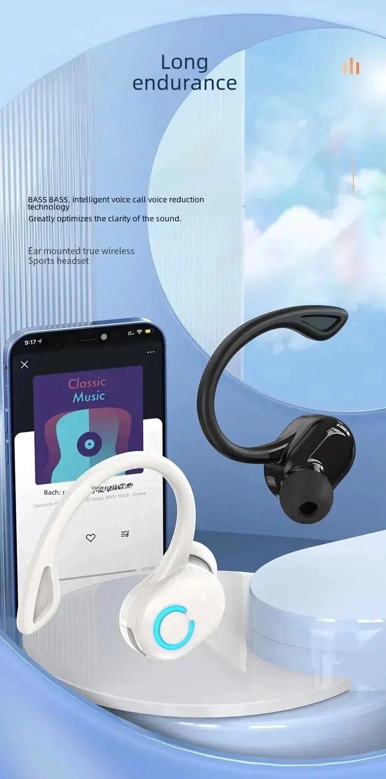 Description Picture 2 of itemWaterproof Hanging Single Ear-Hook Earbuds Bluetooth-compatible 5.2 Noise Cancelling Sports Wireless Business Earphones Headset