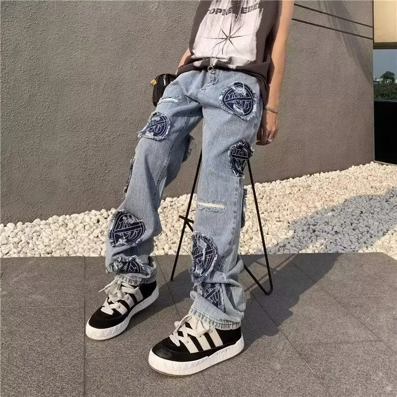 American retro embroidered jeans men's spring versatile pants high street loose straight leg workwear pants cargo pants