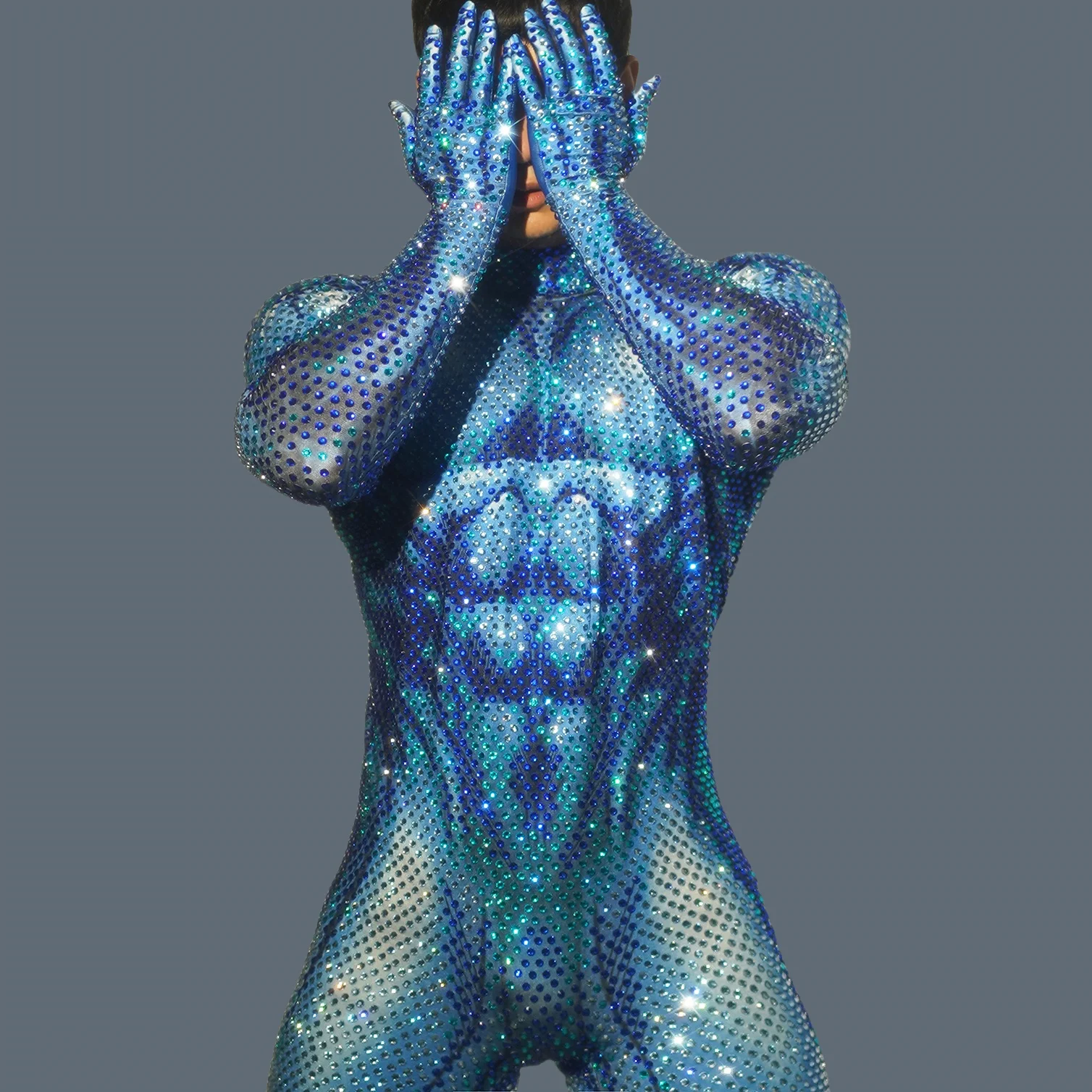Fashion Men's Sexy Wear Luxury Full Rhinestone Jumpsuit Spandex Bodycon Party Nightclub DJ Stage Performance Muscular Man Juren 4