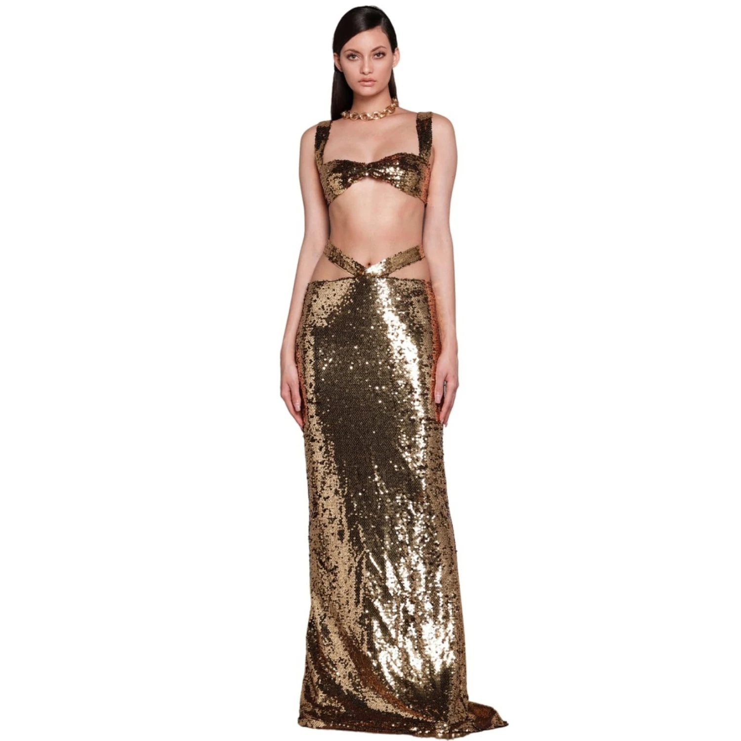 

2023 New Summer Women Copper Color Sparkly Sequins Sleeveless Sexy Bodycon Two-Pieces MIni Tops Hollow Out Floor-Length Skirt