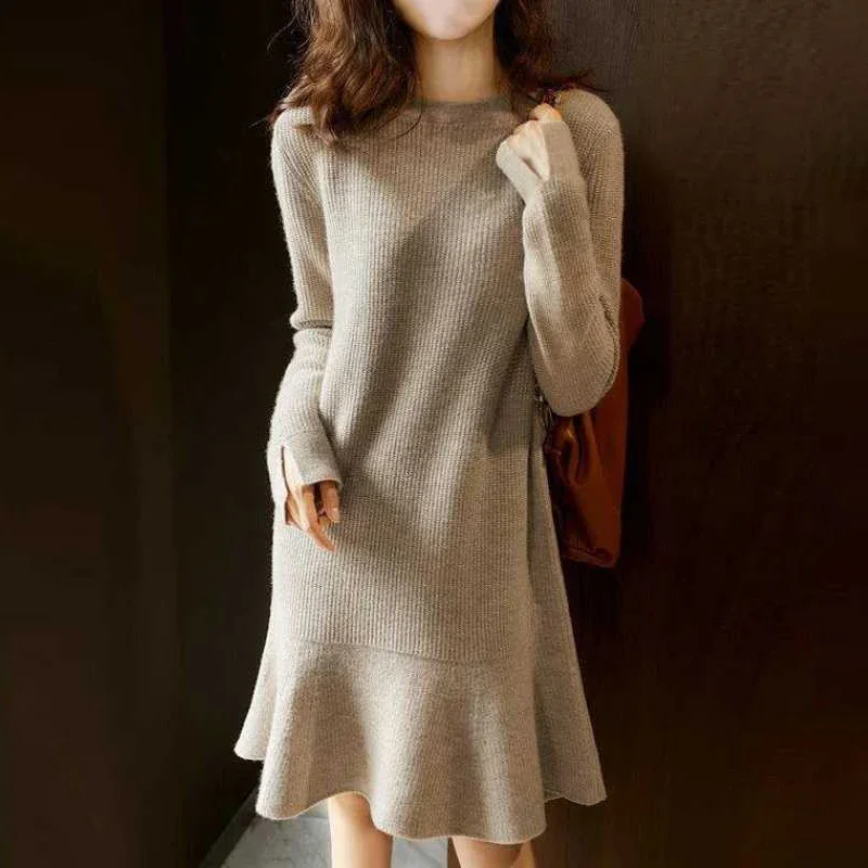 

Red Knitted One-piece Dresses for Women Autumn Winter Loose Women's Sweater Knit Dress Korean Fashion Midi Chic and Elegant Z427