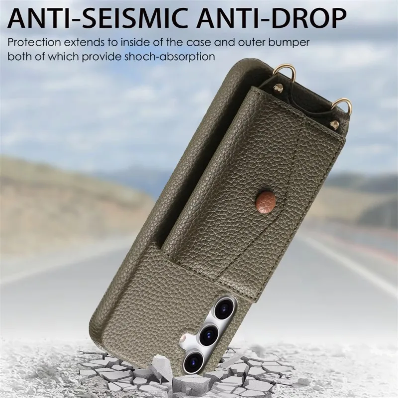 Premium PU Leather Crossbody Wallet Case with Card Holder and Mirror - Shockproof Cover