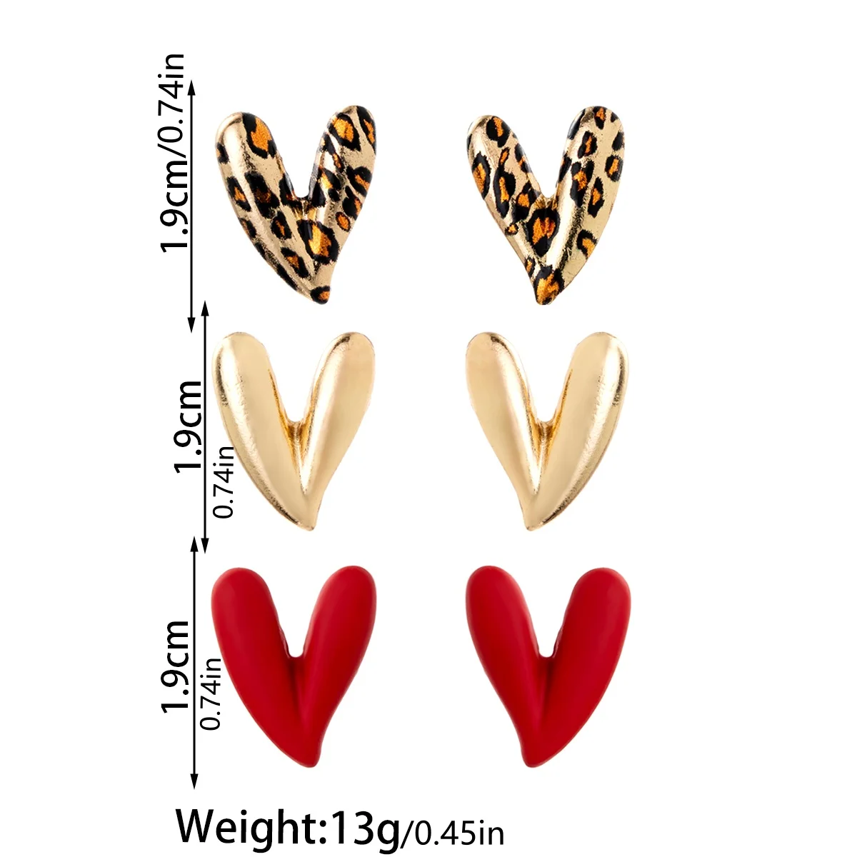 3 pairs leopard print heart-shaped women's earrings set red spray painted