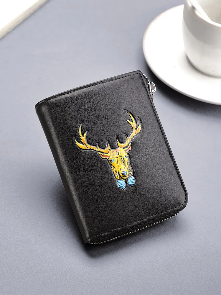 Men's wallet leather new 2022 tide brand short wallet coin purse luxury card holder money clip Coin purses deer head pattern