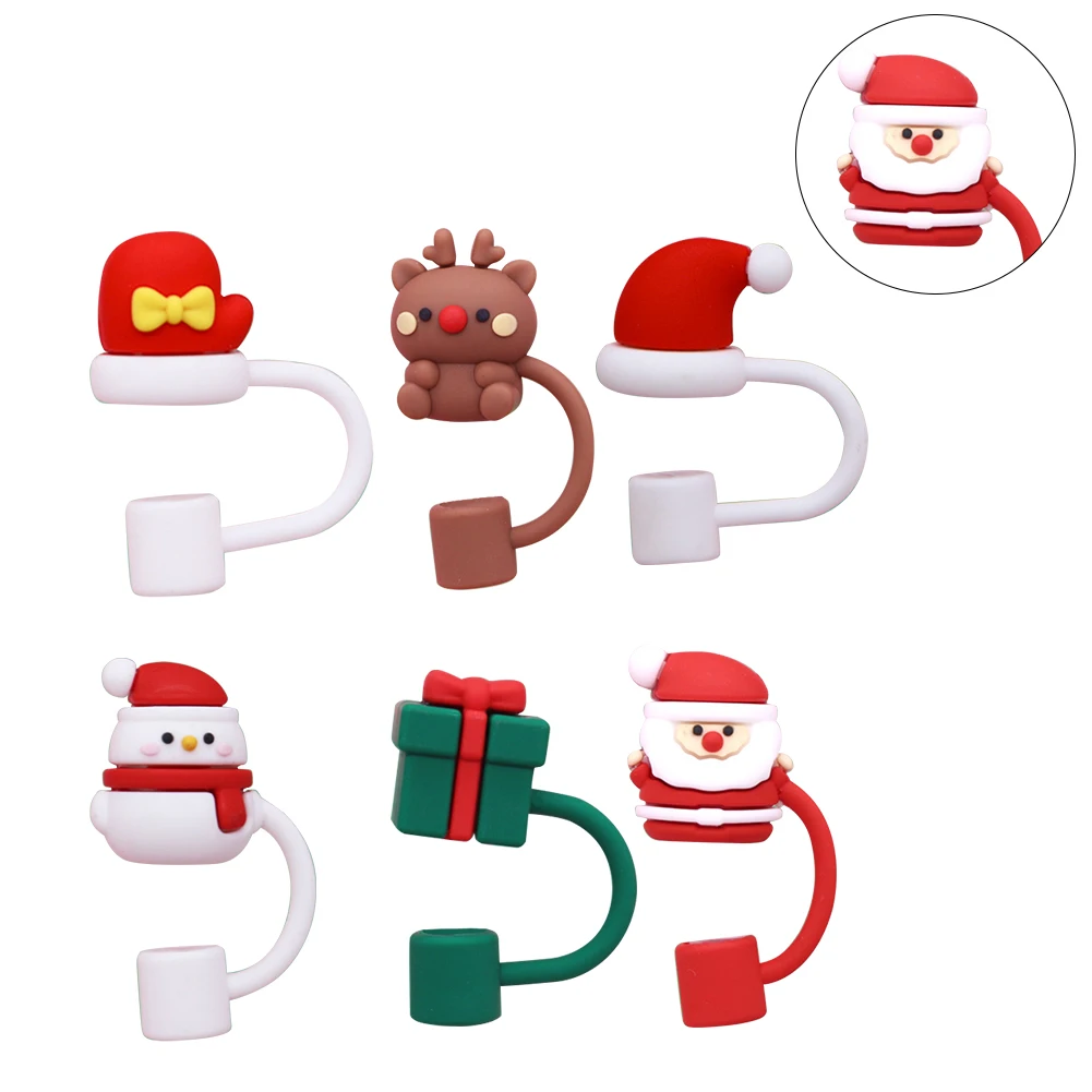 

6Pcs Straw Cover Cap Christmas Themed Silicone Straw Caps Cute Straw Toppers Tips Lids Dust Proof Christmas Party Favors
