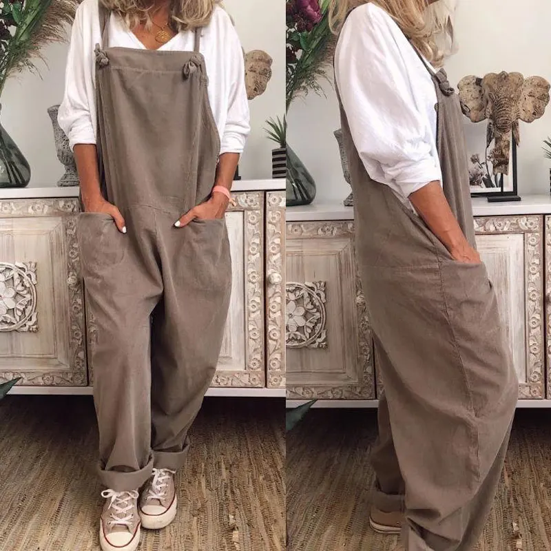

Women Loose Casual Retro Pockets Sleeveless Lace Adjustable One Piece Jumpsuit Long Pants Overalls