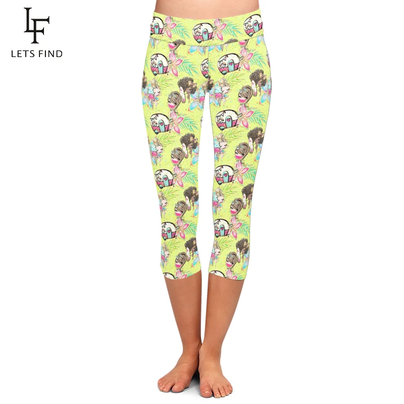 LETSFIND Camping Car and Cute Girl Print Fitness Pants Women Capris Leggings Summer High Waist Soft Skin Leggins