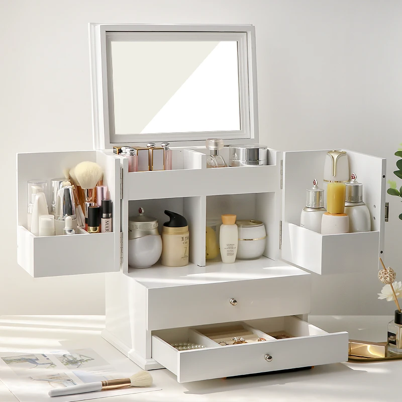 

Cosmetics Jewelry Integrated Storage Box Solid Wood Dustproof Skin Care Products Storage Box Large Capacity European