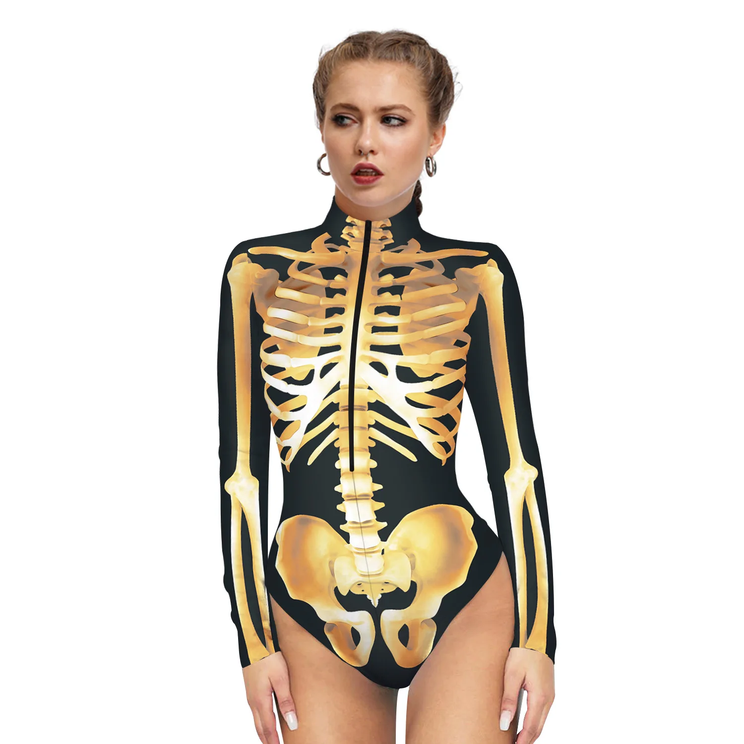 

Tights Halloween skeleton onesie European and American digital print zipper top