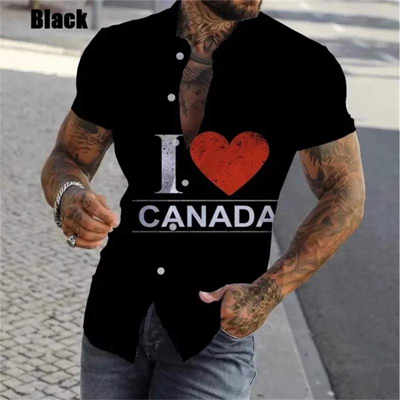 Nueva camisa hawaiana con estampado completo "I Love Canada" de verano para hombre, camisa informal de manga corta con botones para hombre, camisa de playa de talla grande