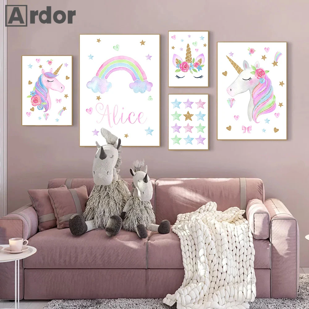 

Rainbow Wall Painting Custom Name Canvas Pictures Unicorn Canvas Poster Nursery Art Prints Nordic Wall Posters Girls Room Decor