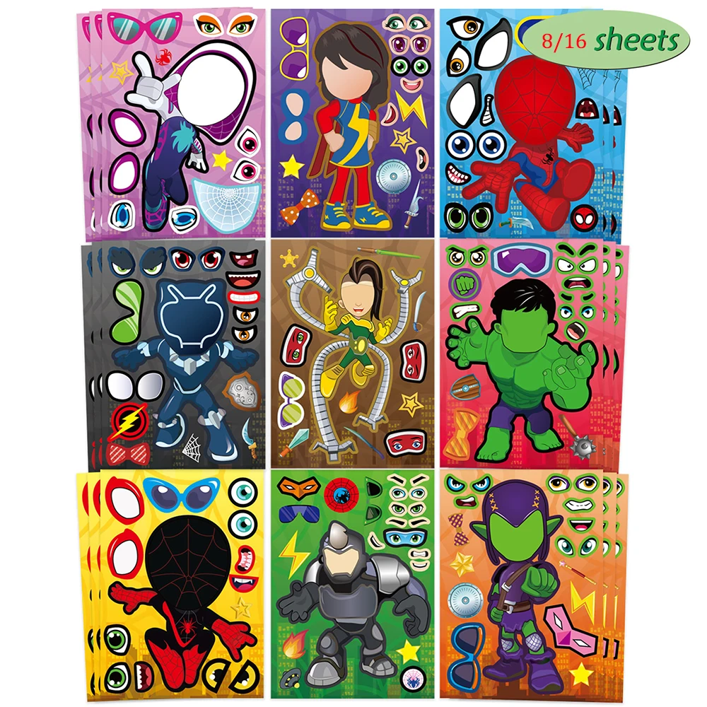 9/18sheets Disney Spider-Man and His Amazing Friends Stickers Make A Face Cartoon Anime Puzzle Decals Assemble Jigsaw Kids Toys