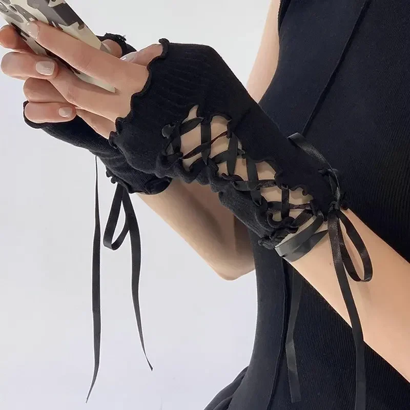小物 fingerless gloves y2k opium archive Y2K Women Teens Knitted Arm Warmers Japanese Harajuke