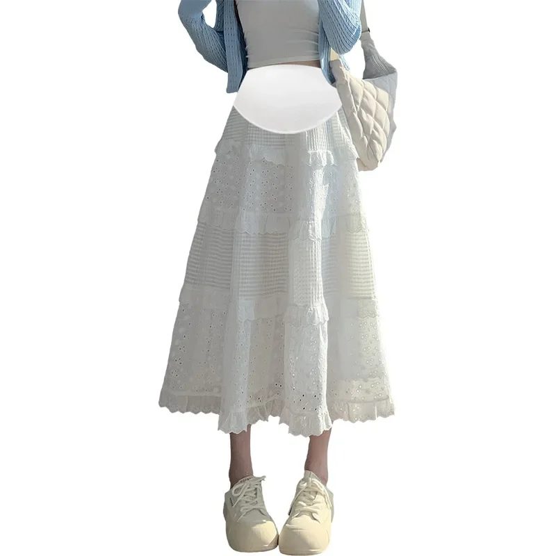 Quality Maternity Lace Embroidery Skirt Spring Summer A- Line Midi Skirt Belly Support Half-length Maternity