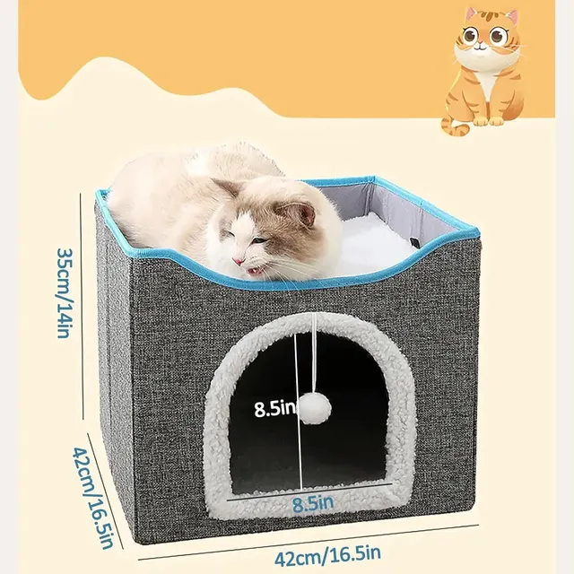 Large Cat Bed with Fluffy Ball Hanging and Scratch Pad Double Layered Foldable Cat Beds for Indoor Cats Sleeping All Seasons 3