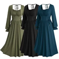 ROSEGAL Plus Size Women's Lace Up Ruched Ruffles Poet Sleeves Dress New Spring Autumn Casual Midi Solid Color Dresses