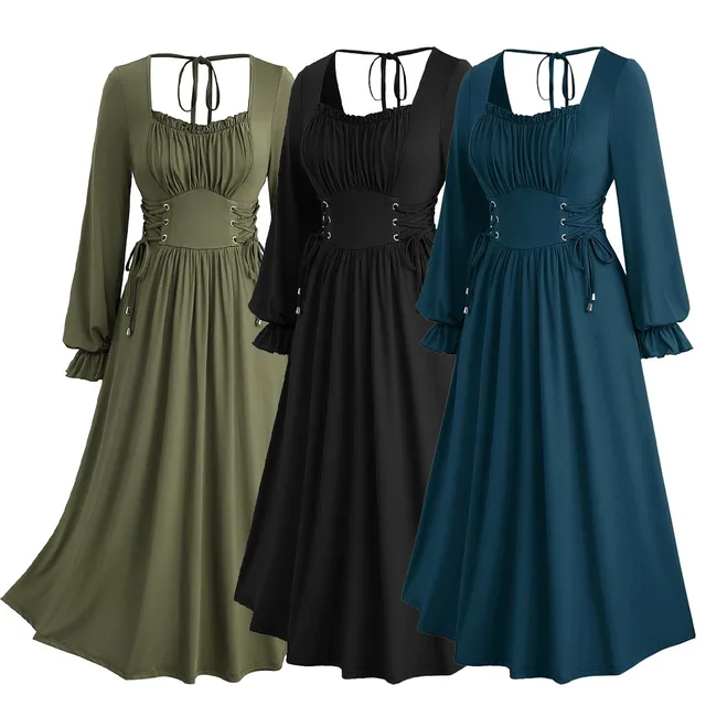 ROSEGAL Plus Size Women's Lace Up Ruched Ruffles Poet Sleeves Dress New Spring Autumn Casual Midi Solid Color Dresses