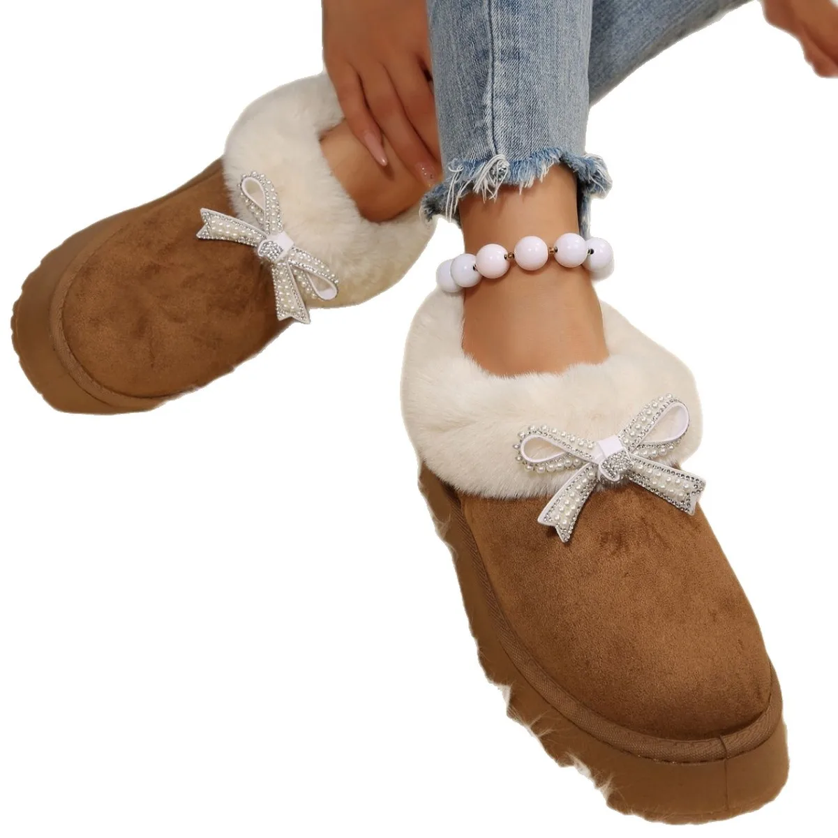 Crystal Bowknot Faux Fur Snow Boots Women Winter Warm Thicken Plush Platform Ankle Boots Woman Non Slip Thick Sole Cotton Shoes