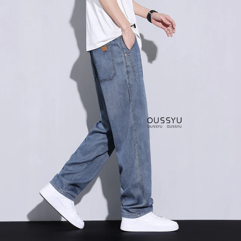 Lyocell Fabric Jeans Men Summer Thin Work Wear Slacks Jogger Retro Wide Leg Trousers Streetwear