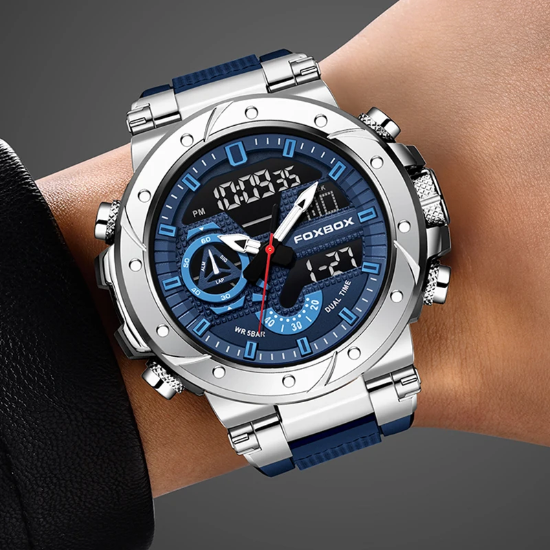 Top Brand FOXBOX Men LCD Digital Display Quartz Wristwatch Silicone Strap Waterproof Man Clock sports Fashion Male Watches 2024