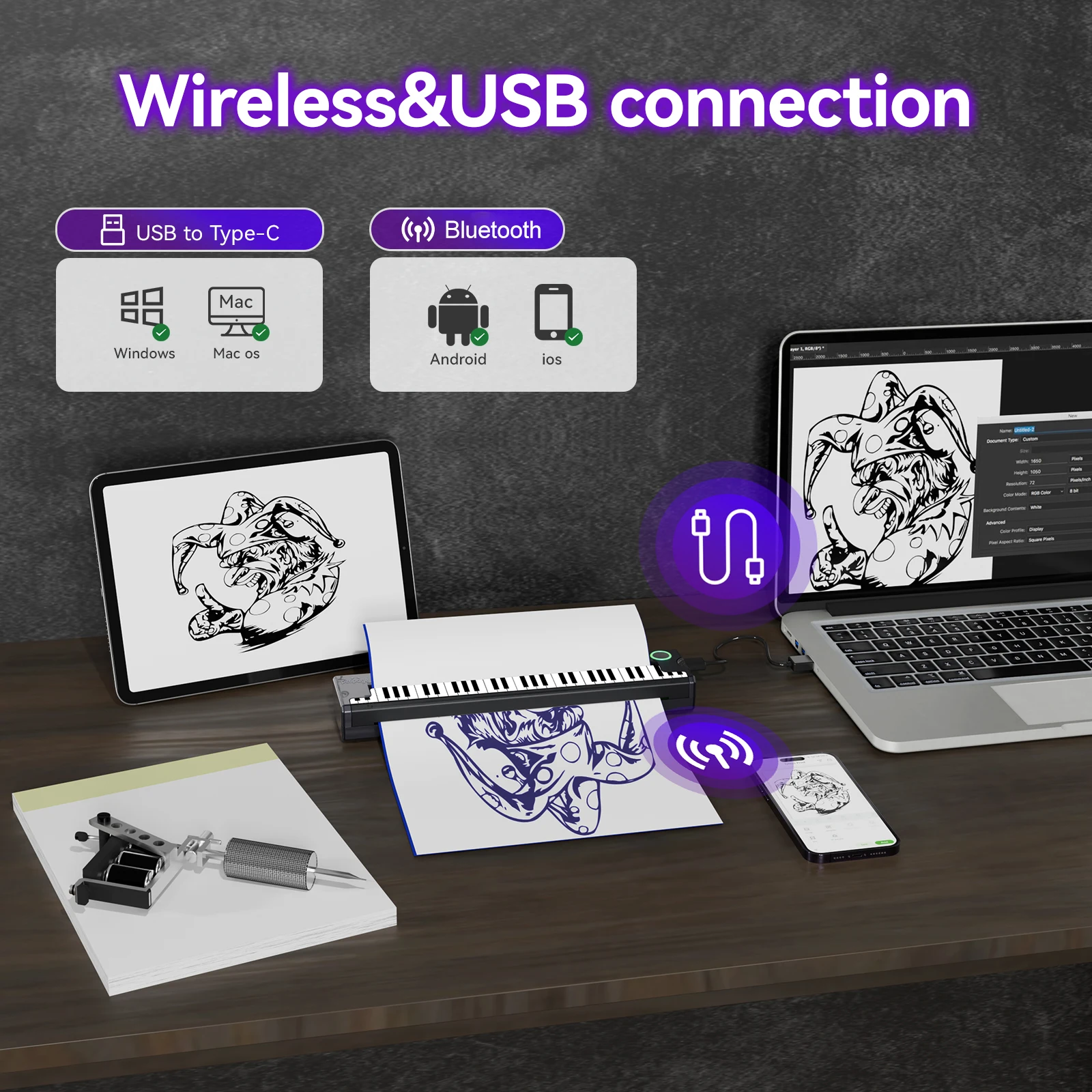 PeriPage P90 Piano Wireless Tattoo Transfer Stencil Printer Thermal Tattoo Machine with 5pcs Free Transfer Paper