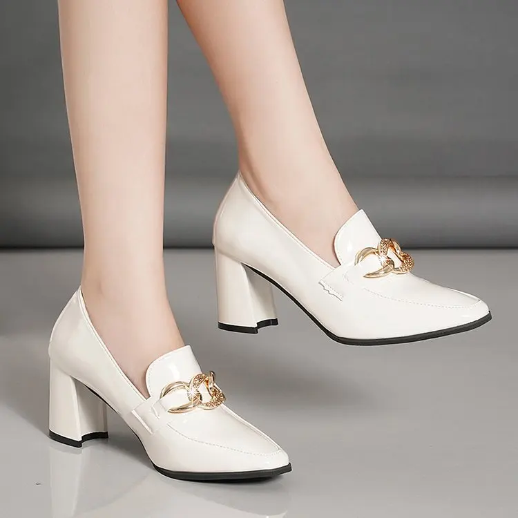 2022 Sexy Women's New High Heels Thick Heel Soft Leather Patent Leather All-match British Square Toe High Heels