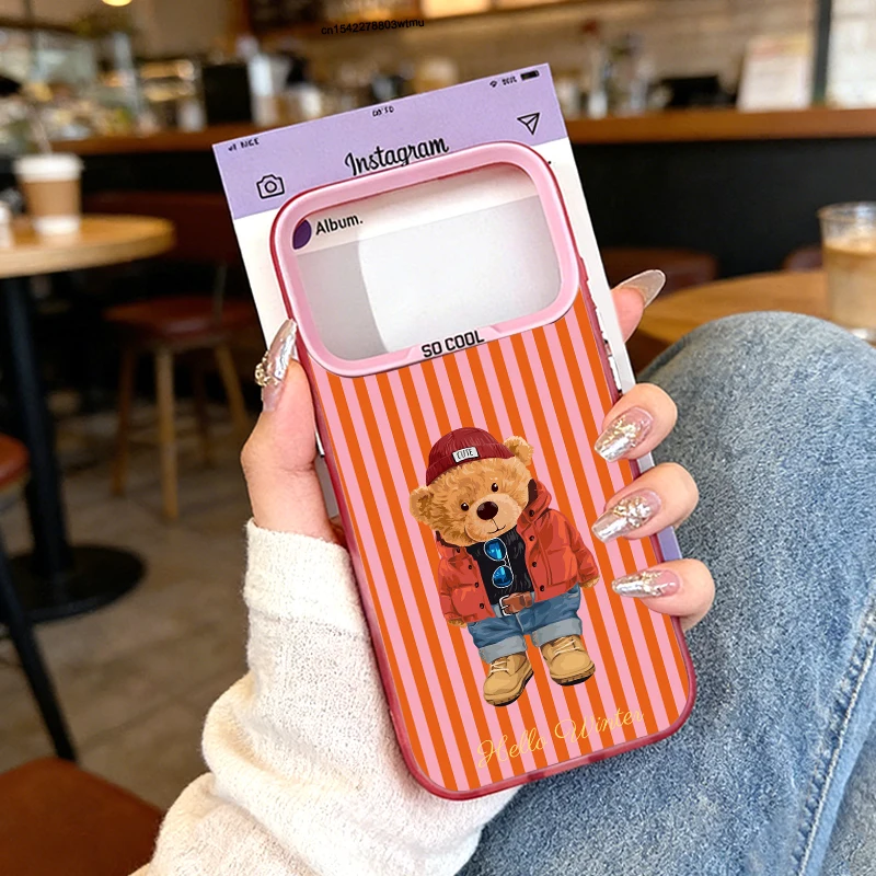 Luxurious Pink Striped Cartoon Bear Phone Case with IMD Cover Design