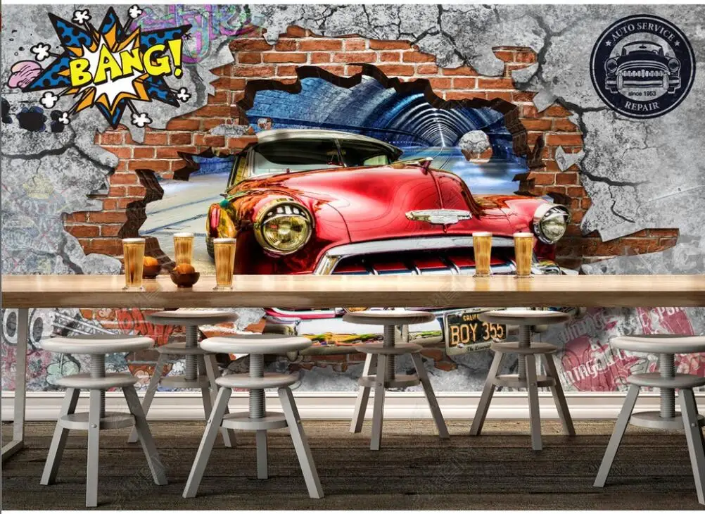 

3d photo wallpapers customised mural Retro red car broken wall graffiti background home decor living room wallpaper for walls 3d