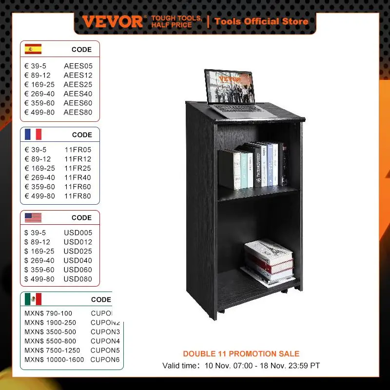 VEVOR Podium Stand 47in Hostess Stand W/ 4 Rolling Wheels & Shelves Pulpits Slant Desktop Lecterns for Churches Office School