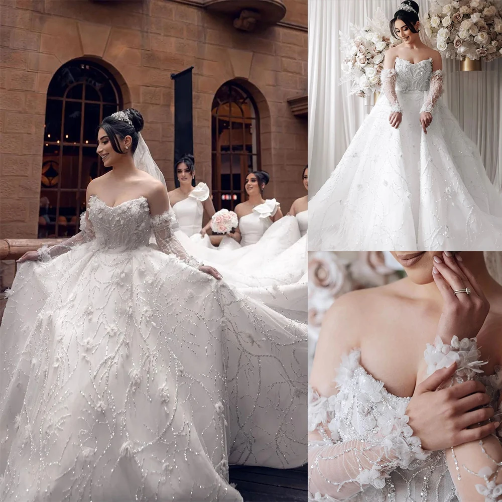

White Wedding Dress Illusion 3D Flowers Sweetheart Long Sleeve Custom Made Bridal Gowns Vestido De Novia