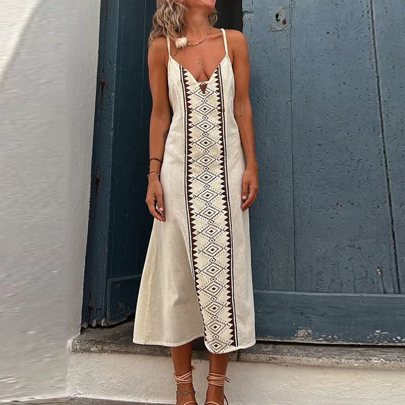 

Платье женское длинное с глубоким V-образным вырезом, пикантное лоскутное платье на бретелях с геометрическим принтом, в стиле бохо, без рукавов, лето