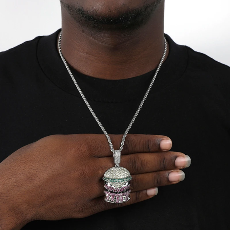 

Gold Color Cute Hamburger Pendant Cubic Zircon Hip Hop Necklace Chain For Men Women Fashion Rock Rapper Style Jewelry