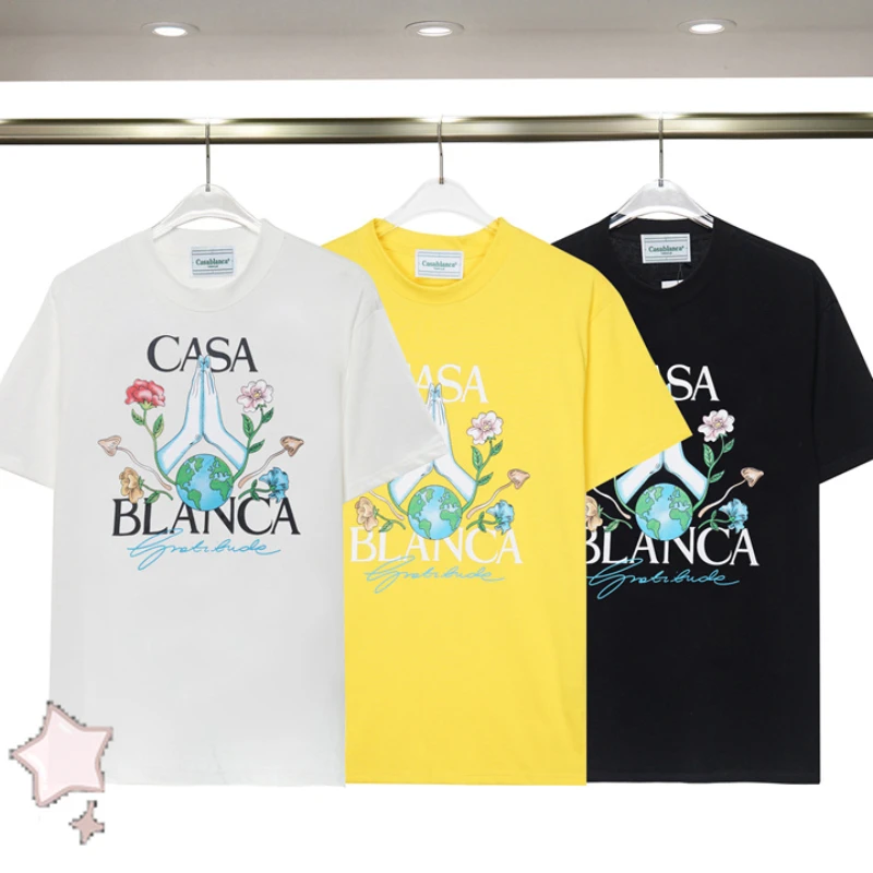 

Casablanca High Quality Vintage Flower Print Tri Color Cotton Top CASABLANCA Men Women Casual Short Sleeves