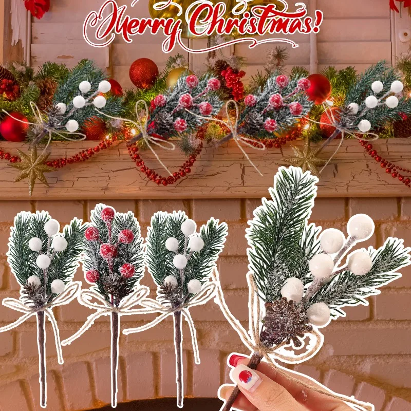 30/1pcs Christmas Artificial Berry Branches Plastic Fake Berries Stem Pine Flowers Home Party Wedding Wreath DIY Craft Ornaments_voghion.com