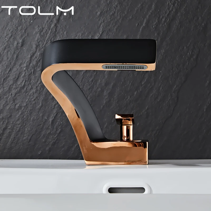 TOLM Brass Black Gold Basin Faucet Bathroom Sink Faucets Hot Cold Water Mixer Crane Deck Mounted Single Handle Hole Bath Kitchen — view 3