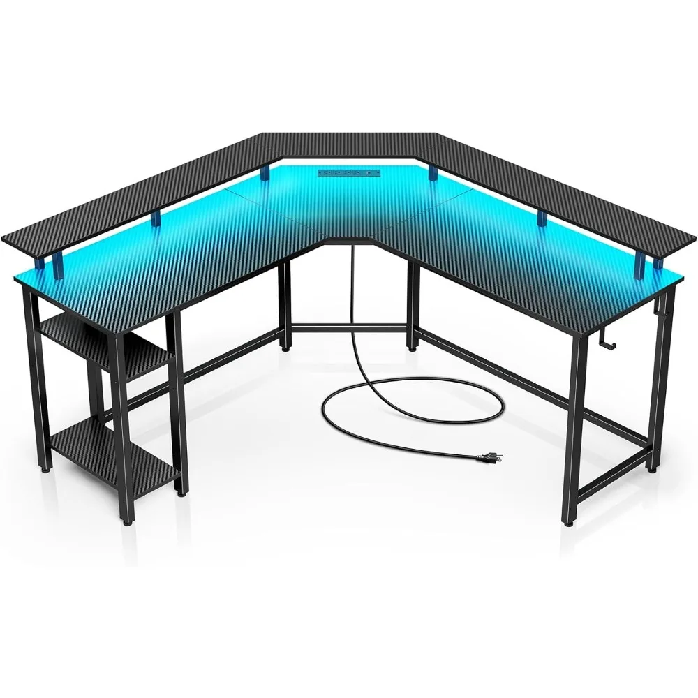 

L Shaped Gaming Desk With LED Lights & Power Outlets Furniture 56" Computer Desk With Full Monitor Stand & Storage Shelf Desks